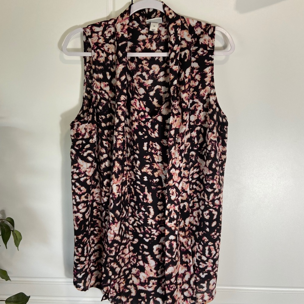 Ava & Viv Pink Orange Animal Print Sleeveless Tie Neck Blouse 1X Plus Size Top